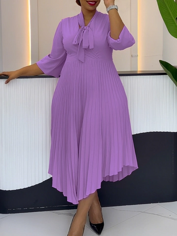 Damen Elegant Bindehals Plissee Maxi Kleid Einfarbig 3/4 Ärmel Unregelmäßiger Saum Fließend Party A-Linie Lang Kleid