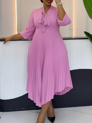 Damen Elegant Bindehals Plissee Maxi Kleid Einfarbig 3/4 Ärmel Unregelmäßiger Saum Fließend Party A-Linie Lang Kleid