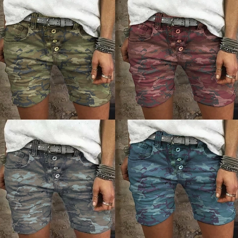 Damen Hochelastisch Slim Fit Camouflage Jeansshorts Lässige Mittlere Taille Knopfleiste Rollsaum Hot Pants Sommer Streetwear