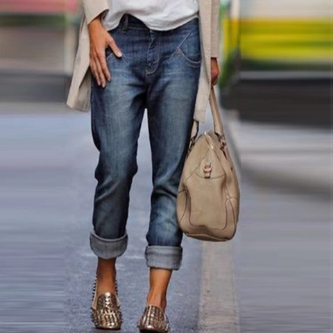 Γυναικείο Urban Casual Τζιν Παντελόνι Ίσια Γραμμή Πλυμένο Βαμβακερό Τζιν Με Γυρισμένο Στρίφωμα Ψηλόμεσο Παντελόνι
