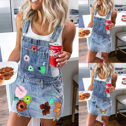 Abito Salopette in Jeans Casual da Donna con Stampa Floreale a Farfalla Mini Gonna con Spalline Regolabili Moda Estiva Dolce
