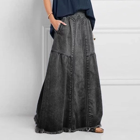 Γυναικεία Τζιν Μάξι Φούστα Ψηλόμεση Casual A-Line Μακριά Φούστα Με Ξεφτισμένο Στριφώμα Τσέπες Πλυμένη Τζιν Φούστα για Γυναίκες