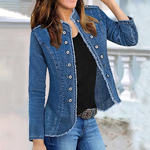 Women Vintage Slim Fit Denim Jacket Fringed Hem Long Sleeve Jean Coat Casual Button Up Short Outerwear Blue