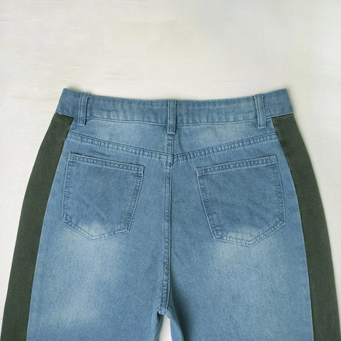 Jeans Jambe Large Patchwork pour Femmes Taille Haute Pantalon en Denim Color Block Avec Fente Latérale et Bords Effilochés