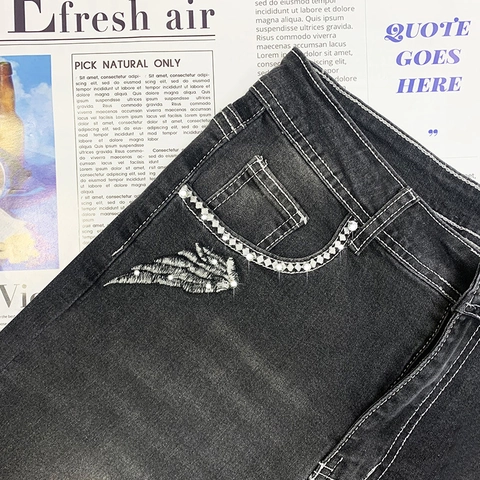 Γυναικείο Τζιν Slim Straight Leg Με Κέντημα Νεκροκεφαλής Από Στρας Punk Rock Streetwear Πλυμένο Σκούρο Γκρι Παντελόνι