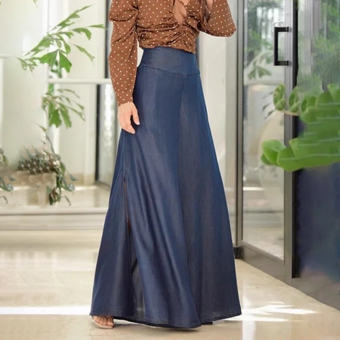 Gonna a Trapezio in Denim a Vita Alta Vintage da Donna Gonna Maxi Lunga Blu Scuro Con Spacco Laterale Casual Elegante in Denim