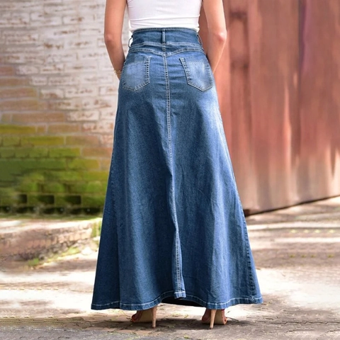 Vintage Hohe Taille A-Linie Denim Maxi Rock Mit Mehreren Knöpfen Vorne Und Großen Taschen Lässiger Langer Jeansrock Für Damen