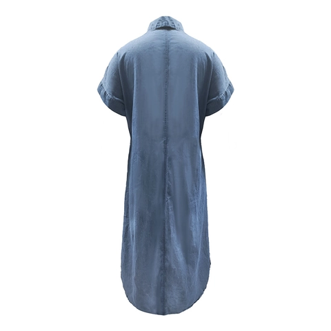 Damen Casual V-Ausschnitt Reißverschluss Denim Kleid Kurzarm Lockere Passform Maxi Kleid Einfarbig Mode Pendler Sommer Langer Rock