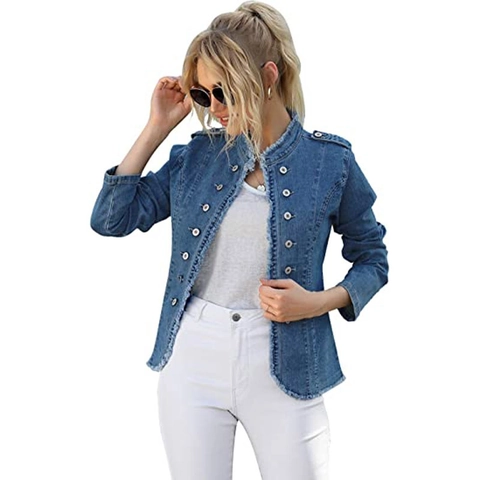 Women Vintage Slim Fit Denim Jacket Fringed Hem Long Sleeve Jean Coat Casual Button Up Short Outerwear Blue