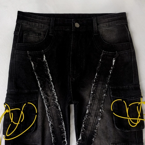 Herren Streetwear Cargo Jeans Zerrissene Denim Hose Mit Gelbem Kordelzug Multi-Taschen Lässige Gerade Bein Trousers