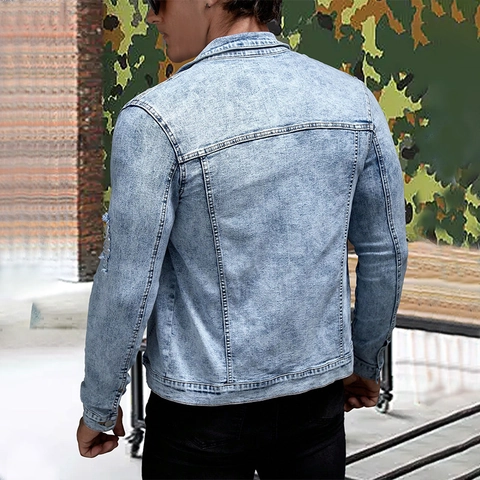 Men Casual Cotton Blend Denim Jacket Slim Fit Acid Wash Ripped Distressed Long Sleeve Lapel Collar Single Breasted Coat