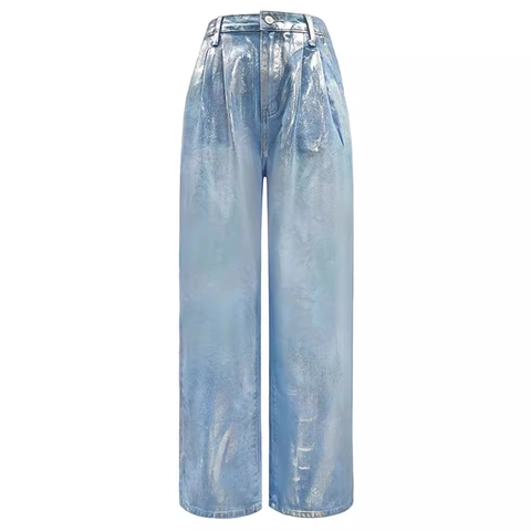 Damen Metallic Silber Beschichtet Hohe Taille Weites Bein Denim Jeans Trendy Streetwear Gerade Waschung Hellblau Mode Hose