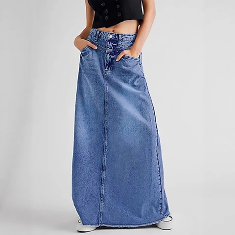 Dames High Waist Denim A-Lijn Maxi Rok Minimalistisch Casual Lange Rok Met Rauwe Zoom En Zakken Vintage Jean Rokken