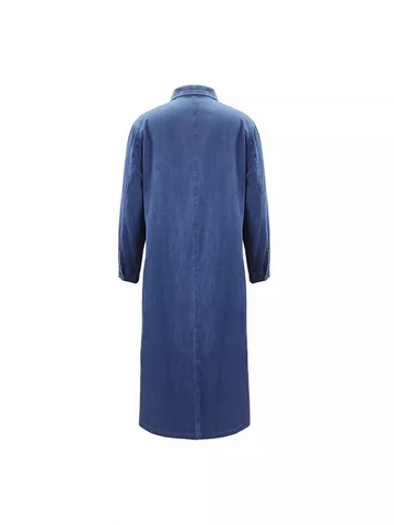 Vintage Damen Dunkelblau Denim Hemdkleid Langarm Lose Einreihig Maxi Kleid Casual Gewaschen Baumwollmischung Denim Langes Kleid