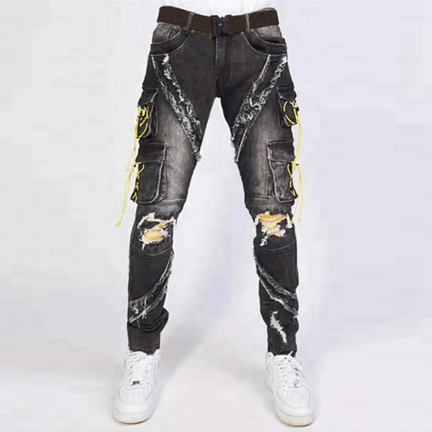 Herren Streetwear Cargo Jeans Zerrissene Denim Hose Mit Gelbem Kordelzug Multi-Taschen Lässige Gerade Bein Trousers