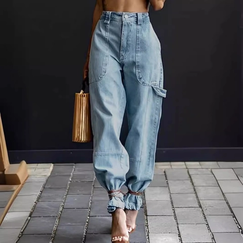 Pantalon Cargo en Jean pour Femme Bleu Clair Taille Haute avec Cordon de Serrage Lavage à l'Acide Style Streetwear