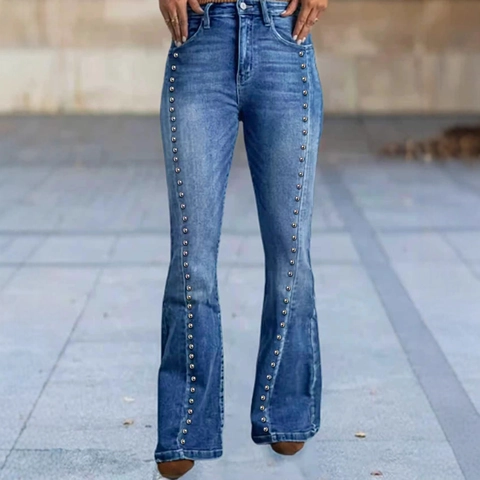 Damen High Waist Ausgestellte Jeans Nieten Slim Fit Dehnbare Denim Hose Elegant Lässig Mittelblau Lange Schlaghose