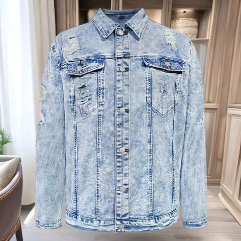 Men Casual Cotton Blend Denim Jacket Slim Fit Acid Wash Ripped Distressed Long Sleeve Lapel Collar Single Breasted Coat