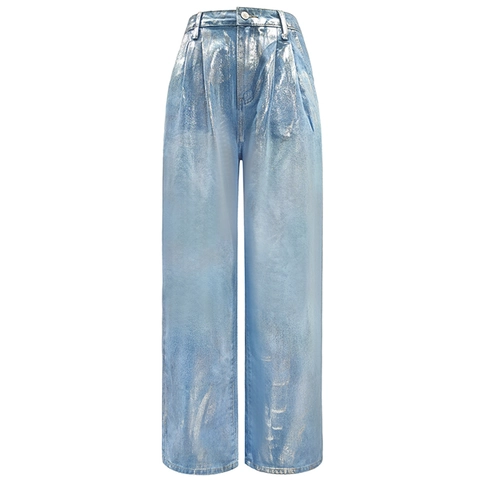 Damen Metallic Silber Beschichtet Hohe Taille Weites Bein Denim Jeans Trendy Streetwear Gerade Waschung Hellblau Mode Hose