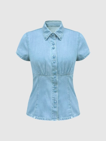Damen Schlank Denim Hemd Kurzarm Revers Einreihig Korsett Taille Casual Hellblau Vintage Bluse Elegantes Top