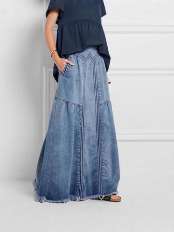 Gonna Lunga in Denim Casual da Donna a Vita Alta Linea ad A Gonna in Jeans Retro Con Bordo a Taglio Vivo Vintage in Misto Cotone