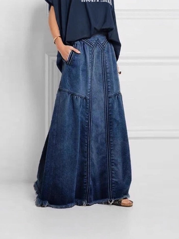Gonna Lunga in Denim Casual da Donna a Vita Alta Linea ad A Gonna in Jeans Retro Con Bordo a Taglio Vivo Vintage in Misto Cotone