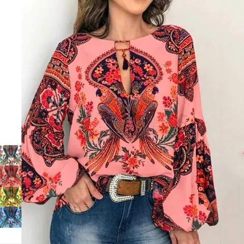 Bohemian Women Parrot Floral Print Chiffon Polyester Blouse Lantern Sleeve Tassel Tie Round Neck Loose Casual Vacation Top