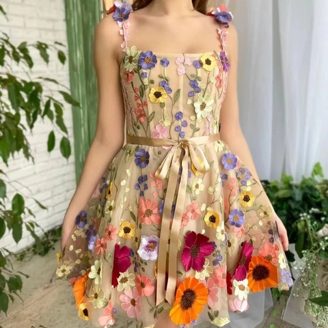 Abito Donna Canotta in Rete con Ricamo Floreale 3D Sexy Spalline Sottili Fiocco in Raso Senza Maniche Party Mini a Linea