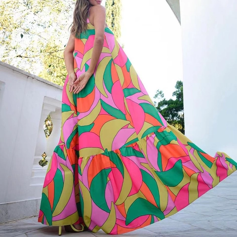 Women's Bohemian V-Neck Backless Maxi Dress Floral Print Spaghetti Strap Polyester Sun Dress For Summer Beach Vacation