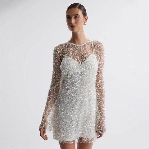 Vestito da Donna in Rete con Paillettes e Perline Due Pezzi Sexy Trasparente Mini Vestito da Festa Elegante Abito da Sera Aderente