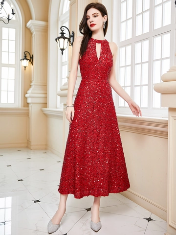 Vestito da Sera Rosso con Paillettes Scollo all'Americana Schiena Scoperta Elegante Abito Maxi per Matrimonio Festa