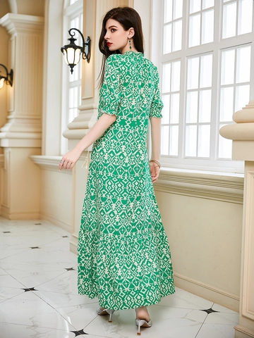 Women Bohemian V Neck Geometric Print Maxi Dress With Tassel Tie Elegant Half Bubble Sleeve Tiered Summer Beach Holiday Long Dress