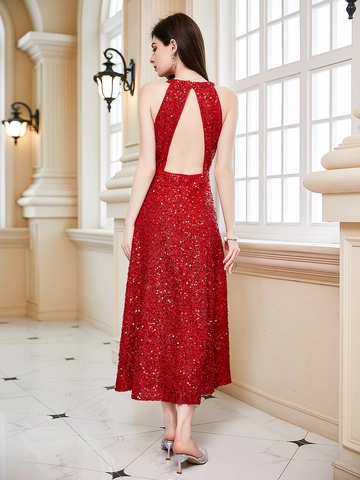 Vestito da Sera Rosso con Paillettes Scollo all'Americana Schiena Scoperta Elegante Abito Maxi per Matrimonio Festa