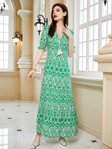 Women Bohemian V Neck Geometric Print Maxi Dress With Tassel Tie Elegant Half Bubble Sleeve Tiered Summer Beach Holiday Long Dress