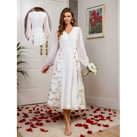 Abito Midi Elegante Bianco con Scollo a V Ricamato a Fiori Manica Lunga Chiffon Maniche a Lanterna Vestibilità Aderente Festa Banchetto