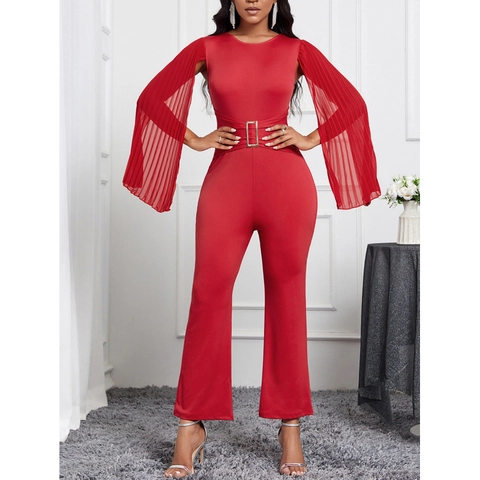 Mono de Mujer Elegante Rojo Color Sólido Con Mangas de Capa Plisadas Hebilla Dorada Cinturón Ajuste Delgado Fiesta Noche Romper