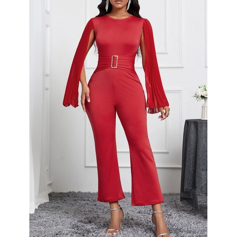 Mono de Mujer Elegante Rojo Color Sólido Con Mangas de Capa Plisadas Hebilla Dorada Cinturón Ajuste Delgado Fiesta Noche Romper