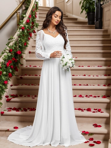 Women Elegant White Lace Chiffon Wedding Dress V Neck Long Lantern Sleeve Embroidery Backless A-Line Floor Length Evening Party Gown
