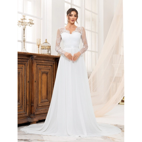Elegante Witte Kant V-Hals Lange Mouw Trouwjurk Voor Vrouwen Sexy Rugloze A-Lijn Chiffon Bruidsjurk Met Sleep