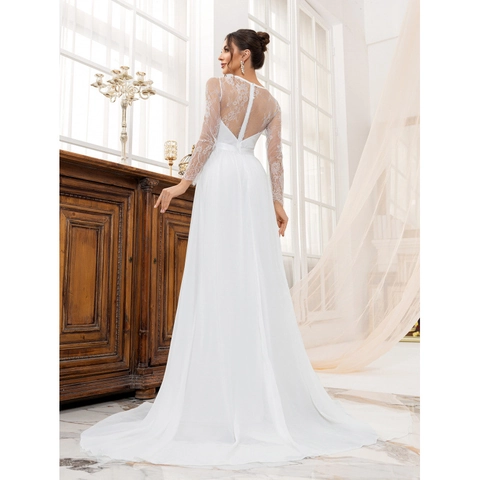 Elegante Witte Kant V-Hals Lange Mouw Trouwjurk Voor Vrouwen Sexy Rugloze A-Lijn Chiffon Bruidsjurk Met Sleep