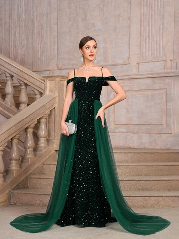 Damen Dunkelgrün Pailletten Abendkleid Off-Shoulder Ärmellos Lange Schleppe Prom Kleid Elegant Netz Maxi Festkleid