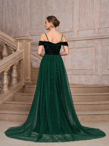 Damen Dunkelgrün Pailletten Abendkleid Off-Shoulder Ärmellos Lange Schleppe Prom Kleid Elegant Netz Maxi Festkleid