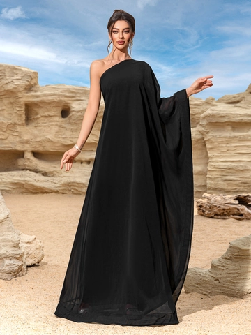 Dames Elegante Eén Schouder Maxi Jurk Vintage Mouwloos Vleermuismouw Effen Zwart Chiffon Look A-Lijn Party Jurk
