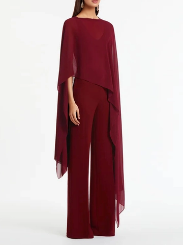 Vrouwen Elegant Chiffon Kaap Brede Pijpen Broek Outfits Wijnrood Asymmetrische Pullover Top Hoge Taille Jumpsuits Banket Feest