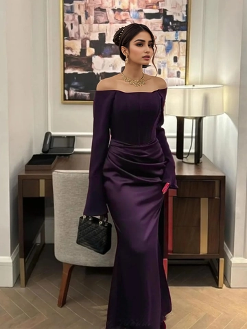 Elegant Off Shoulder Long Sleeve Satin Evening Gown Ruched Waist Floor Length Wedding Guest Dress Formal Party Maxi Gown