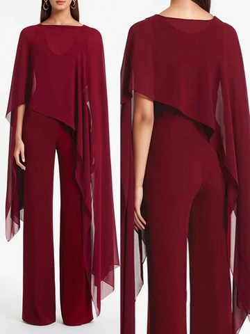Vrouwen Elegant Chiffon Kaap Brede Pijpen Broek Outfits Wijnrood Asymmetrische Pullover Top Hoge Taille Jumpsuits Banket Feest