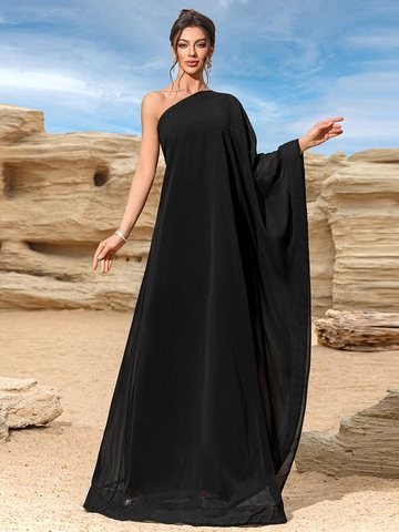 Dames Elegante Eén Schouder Maxi Jurk Vintage Mouwloos Vleermuismouw Effen Zwart Chiffon Look A-Lijn Party Jurk