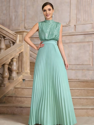 Dames Pailletten Open Rug Hoge Taille Geplooide Maxi-jurk Elegante Mouwloze Hoge Hals Avondjurk Formele Bruiloft Gastenjurk