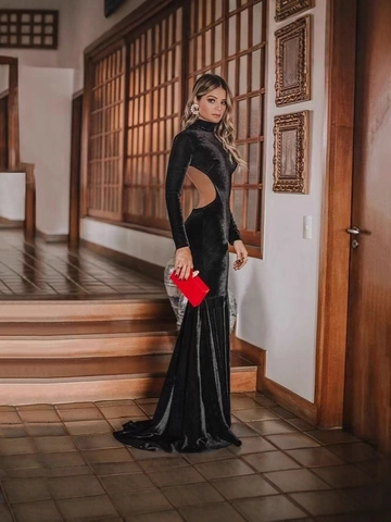Damen Sexy Rückenfrei Samt Maxi Kleid Elegant Hochgeschlossen Langarm Fischschwanz Abend Party Gown Schwarz Abschlussball Kleid