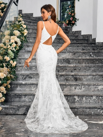 Women Sexy Deep V-Neck Sleeveless White Lace Floral Embroidery Fishtail Trailing Wedding Dress Evening Banquet Party Long Gown